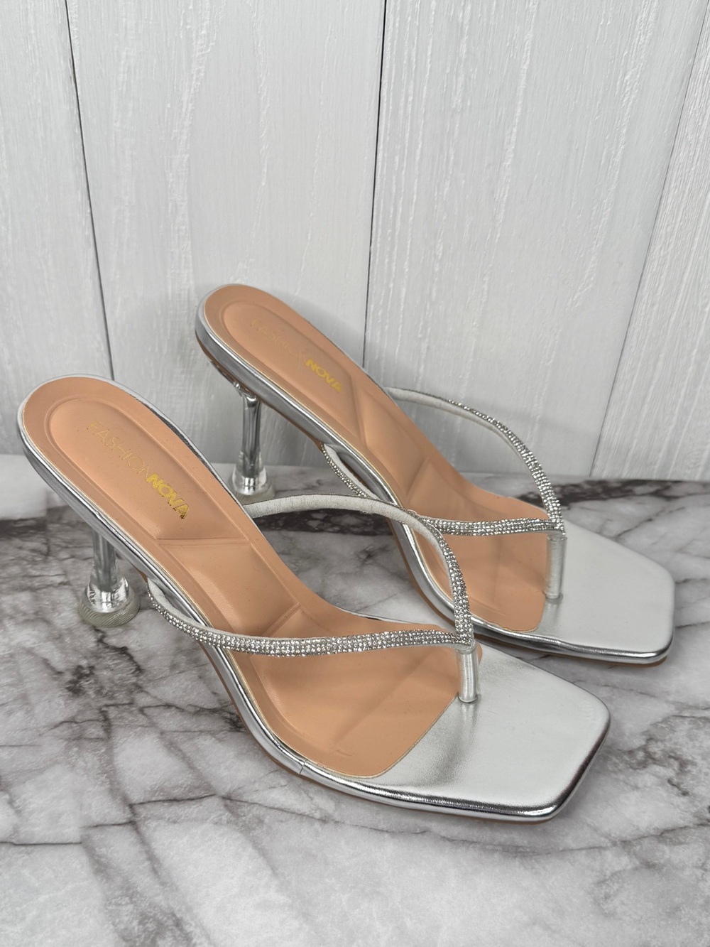 Fashion Nova Rossie Silver Rhinestone Embellished Thong Sandals